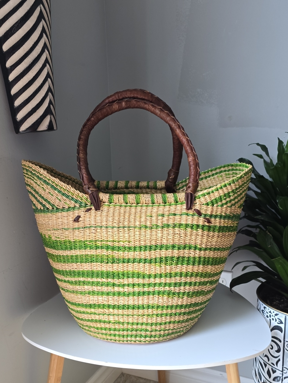 121 Woven Strorage Basket with Green Stripes